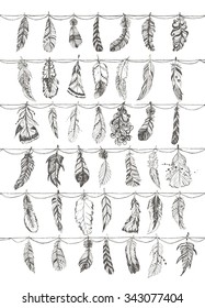 Decorative doodle feathers. Hand drawn vintage vector design set.