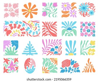 Decorative doodle floral modern elements. Abstract contemporary botanical tiles, matisse inspired stylish design. Trendy flower, leaf decent vector patterns
