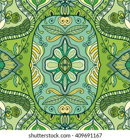 Decorative doodle floral seamless pattern. Coloring book square page for adults.  Authentic carpet design, bandanna shawl fabric print. Hand drawn fantasy ethnic background, vector illustration