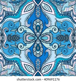 Decorative doodle floral seamless pattern. Coloring book square page for adults.  Authentic carpet design, bandanna shawl fabric print. Hand drawn fantasy ethnic background, vector illustration