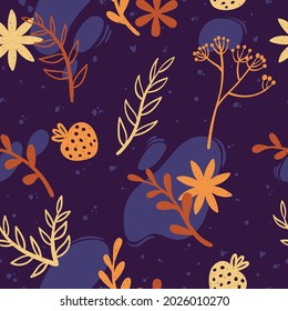 Decorative doodle flower silhouette and modern abstract shape  seamless pattern. Cute colorful repeated background with hand drawn botanical elements in Scandinavian style.  