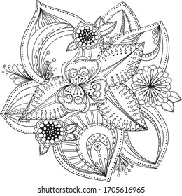 Decorative Doodle flowers in black and white for coloring book, cover or background. Hand drawn sketch for adult anti stress coloring page. vector illustration.