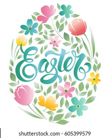 Decorative doodle frame from Easter eggs and floral elements. Easter eggs with ornaments in circle shape. Easter greeting card. 