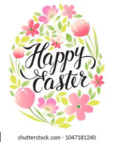 Decorative doodle frame Happy Easter eggs and floral elements. Easter eggs with ornaments in circle shape. Greeting card.