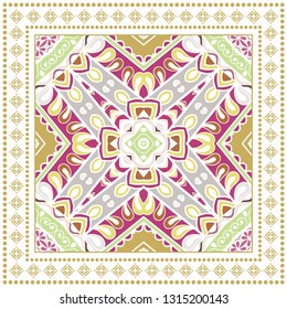 Decorative doodle geometric pattern with frame border. Hand drawn tribal ethic ornament on white background. Bandanna shawl, tablecloth fabric print, silk neck scarf, kerchief design