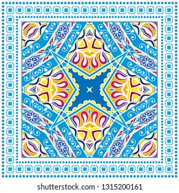 Decorative doodle geometric pattern with frame border. Hand drawn tribal ethic ornament on white background. Bandanna shawl, tablecloth fabric print, silk neck scarf, kerchief design
