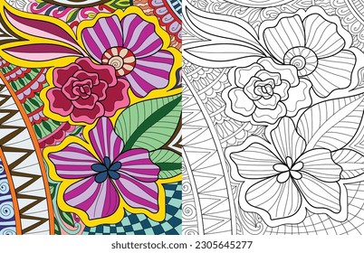 Decorative doodle hand drawn floral mehndi design style coloring book page illustration