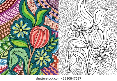 Decorative doodle hand drawn floral mehndi design style coloring book page illustration