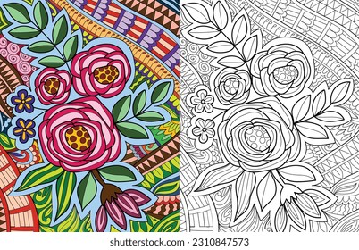 Decorative doodle hand drawn floral mehndi design style coloring book page illustration
