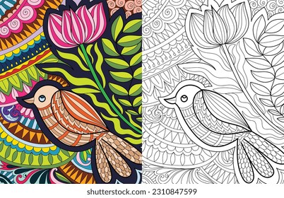 Decorative doodle hand drawn floral mehndi design style coloring book page illustration