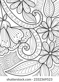 Decorative doodle hand drawn floral mehndi design style coloring book page illustration