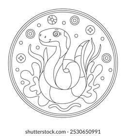 Decorative doodle hand drawn illustration of a symbol of the Chinese New Year snake.   Great ornament for coloring.