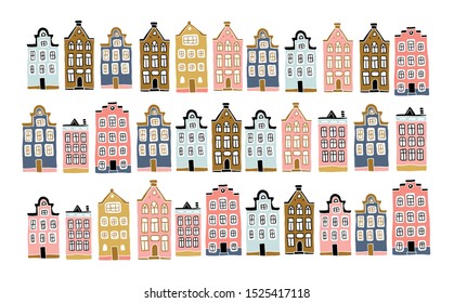 Decorative doodle houses collection. Stylised city. Street. Cottages. Scandinavian city landscape. Hand drawn minimalistic urban illustration in pastel colors. Amsterdam inspired houses.