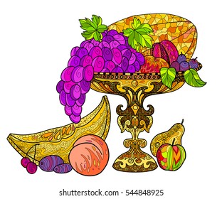 Decorative doodle illustration of fruits in a vase and grape.  Decorative vector illustration for print and greeting card.