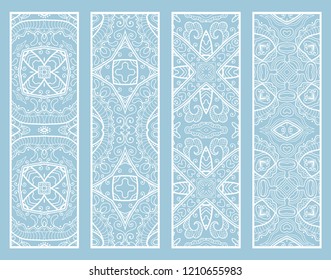 Decorative doodle line borders with repeating texture. Tribal ethnic arabic, indian, turkish ornament, bookmarks templates set. Isolated design elements. Stylized lace patterns, hand drawn collection