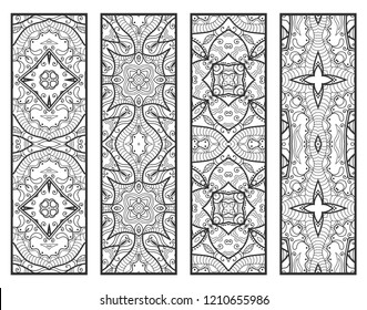 Decorative doodle line borders with repeating texture. Tribal ethnic arabic, indian, turkish ornament, bookmarks templates set. Isolated design elements. Stylized lace patterns, hand drawn collection