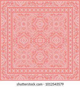 Decorative doodle linear ornament with lace frame. Tribal ethnic mandala decor. Bandanna shawl, tablecloth fabric print, silk neck scarf, kerchief design. White line pattern on colored background