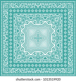 Decorative doodle linear ornament with lace frame. Tribal ethnic mandala decor. Bandanna shawl, tablecloth fabric print, silk neck scarf, kerchief design. White line pattern on colored background