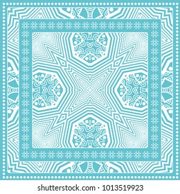 Decorative doodle linear ornament with lace frame. Tribal ethnic mandala decor. Bandanna shawl, tablecloth fabric print, silk neck scarf, kerchief design. White line pattern on colored background