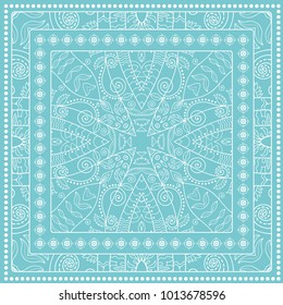 Decorative doodle linear ornament with lace frame. Tribal ethnic mandala decor. Bandanna shawl, tablecloth fabric print, silk neck scarf, kerchief design. White line pattern on colored background