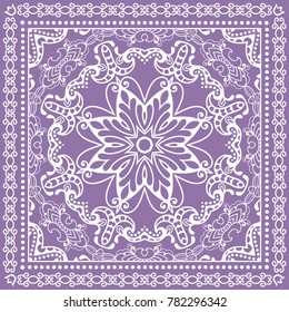 Decorative doodle linear ornament with lace frame. Tribal ethnic mandala decor. Bandanna shawl, tablecloth fabric print, silk neck scarf, kerchief design. White line pattern on colored background