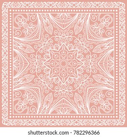 Decorative doodle linear ornament with lace frame. Tribal ethnic mandala decor. Bandanna shawl, tablecloth fabric print, silk neck scarf, kerchief design. White line pattern on colored background