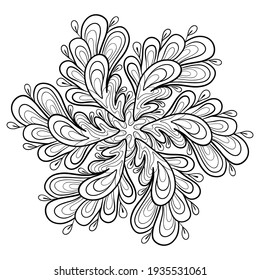 Decorative doodle mandala with floral fantasy patterns on a white isolated background. For coloring book pages.