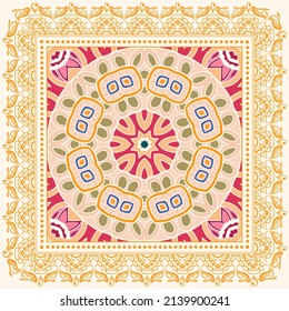 Decorative doodle ornament, symmetric pattern with lace frame. Tribal ethnic mandala decor. Bandana shawl, hijab, tablecloth fabric print, silk neck scarf, kerchief design. Colorful vector background