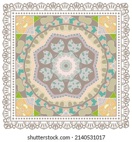 Ornamento doodle decorativo, patrón simétrico con marco de encaje. Decoración de mandala étnica tribal. Chal de andana, hijab, estampado de tela de mantel, pañuelo de cuello de seda, diseño de pañuelos. Fondo de vector colorido