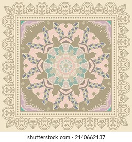 Decorative doodle ornament, symmetric pattern with lace frame. Tribal ethnic mandala decor. Bandana shawl, hijab, tablecloth fabric print, silk neck scarf, kerchief design. Colorful vector background