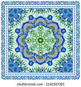 Decorative doodle ornament, symmetric pattern with lace frame. Tribal ethnic mandala decor. Bandana shawl, hijab, tablecloth fabric print, silk neck scarf, kerchief design. Colorful vector background