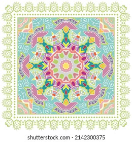 Ornamento doodle decorativo, patrón simétrico con marco de encaje. Decoración de mandala étnica tribal. Chal de andana, hijab, estampado de tela de mantel, pañuelo de cuello de seda, diseño de pañuelos. Fondo de vector colorido