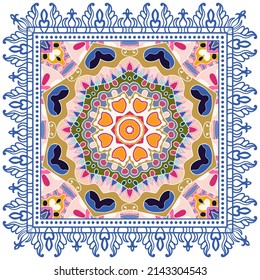 Decorative doodle ornament, symmetric pattern with lace frame. Tribal ethnic mandala decor. Bandana shawl, hijab, tablecloth fabric print, silk neck scarf, kerchief design. Colorful vector background