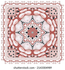 Decorative doodle ornament, symmetric pattern with lace frame. Tribal ethnic mandala decor. Bandana shawl, hijab, tablecloth fabric print, silk neck scarf, kerchief design. Colorful vector background