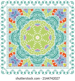 Decorative doodle ornament, symmetric pattern with lace frame. Tribal ethnic mandala decor. Bandana shawl, hijab, tablecloth fabric print, silk neck scarf, kerchief design. Colorful vector background