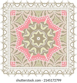 Decorative doodle ornament, symmetric pattern with lace frame. Tribal ethnic mandala decor. Bandana shawl, hijab, tablecloth fabric print, silk neck scarf, kerchief design. Colorful vector background
