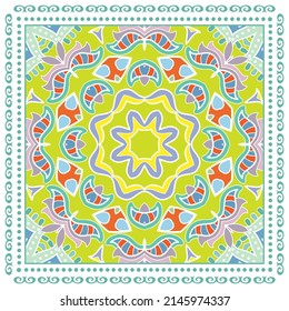 Decorative doodle ornament, symmetric pattern with lace frame. Tribal ethnic mandala decor. Bandana shawl, hijab, tablecloth fabric print, silk neck scarf, kerchief design. Colorful vector background