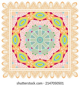 Ornamento doodle decorativo, patrón simétrico con marco de encaje. Decoración de mandala étnica tribal. Chal de andana, hijab, estampado de tela de mantel, pañuelo de cuello de seda, diseño de pañuelos. Fondo de vector colorido