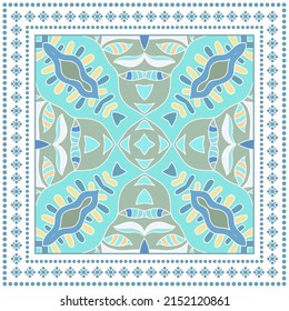 Decorative doodle ornament, symmetric pattern with geometric frame. Tribal ethnic mandala decor. Bandana shawl, hijab, tablecloth fabric print, silk neck scarf, kerchief design. Colorful background