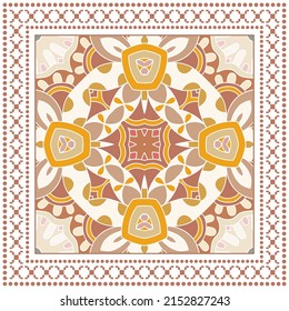 Decorative doodle ornament, symmetric pattern with geometric frame. Tribal ethnic mandala decor. Bandana shawl, hijab, tablecloth fabric print, silk neck scarf, kerchief design. Colorful background