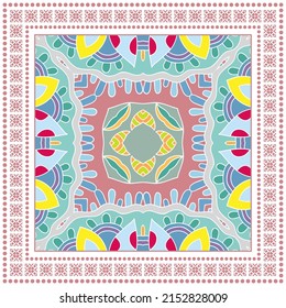 Decorative doodle ornament, symmetric pattern with geometric frame. Tribal ethnic mandala decor. Bandana shawl, hijab, tablecloth fabric print, silk neck scarf, kerchief design. Colorful background