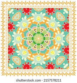 Decorative doodle ornament, symmetric pattern with lace frame. Tribal ethnic mandala decor. Bandana shawl, hijab, tablecloth fabric print, silk neck scarf, kerchief design. Colorful vector background
