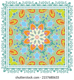 Decorative doodle ornament, symmetric pattern with lace frame. Tribal ethnic mandala decor. Bandana shawl, hijab, tablecloth fabric print, silk neck scarf, kerchief design. Colorful vector background