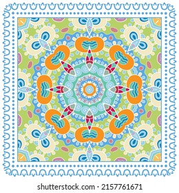 Decorative doodle ornament, symmetric pattern with lace frame. Tribal ethnic mandala decor. Bandana shawl, hijab, tablecloth fabric print, silk neck scarf, kerchief design. Colorful vector background