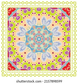Decorative doodle ornament, symmetric pattern with lace frame. Tribal ethnic mandala decor. Bandana shawl, hijab, tablecloth fabric print, silk neck scarf, kerchief design. Colorful vector background