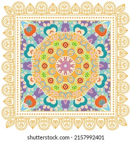 Decorative doodle ornament, symmetric pattern with lace frame. Tribal ethnic mandala decor. Bandana shawl, hijab, tablecloth fabric print, silk neck scarf, kerchief design. Colorful vector background