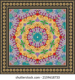 Ornamento doodle decorativo, patrón simétrico con marco. Decoración de mandala étnica tribal. Chal de andana, hijab, estampado de tela de mantel, pañuelo de cuello de seda, diseño de pañuelos. Fondo geométrico colorido
