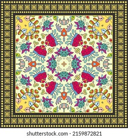 Ornamento doodle decorativo, patrón simétrico con marco. Decoración de mandala étnica tribal. Chal de andana, hijab, estampado de tela de mantel, pañuelo de cuello de seda, diseño de pañuelos. Fondo geométrico colorido