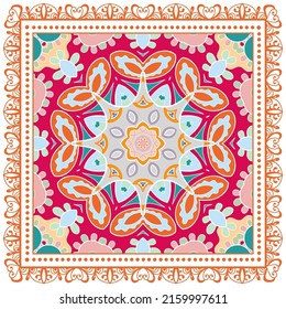Decorative doodle ornament, symmetric pattern with lace frame. Tribal ethnic mandala decor. Bandana shawl, hijab, tablecloth fabric print, silk neck scarf, kerchief design. Colorful vector background