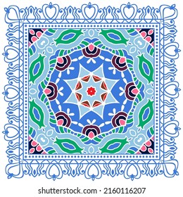 Dekorative Doodle-Ornament, symmetrisches Muster mit Spitzenrahmen. Ethnisch-ethnische Mandalendekor. Bandana-Schal, Hijab, Tischdecken-Stoffdruck, Seidenhalsschal, Kerochdesign. Farbiger Vektorhintergrund